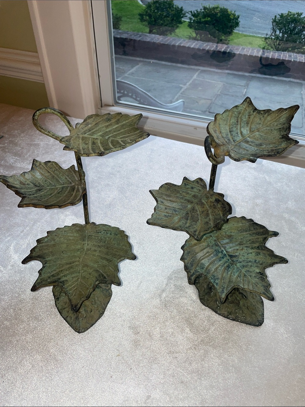 Antique-Style three tier leaf soap or candle Holders in Verdigris Green